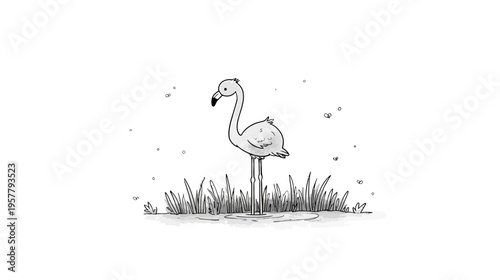 Whimsical black and white illustration of a graceful flamingo bird standing in natural grass, hand-drawn ink style art