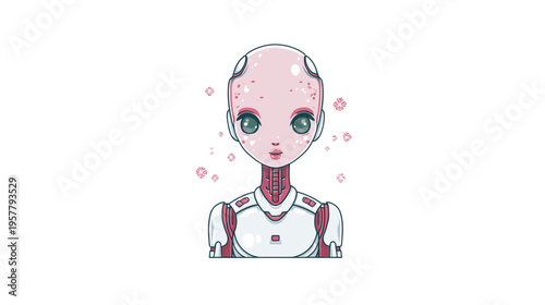 Vibrant green-eyed female android illustration, futuristic robot technology portrait, artificial intelligence concept art