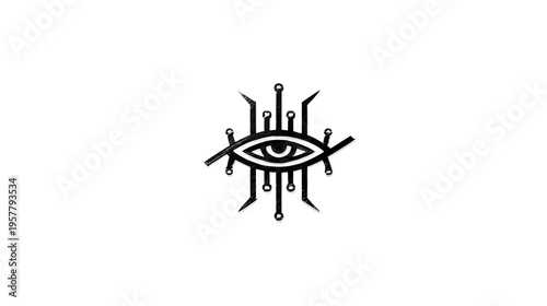 Abstract digital eye icon with circuit board elements, symbolizing technology, AI, surveillance, data, and futuristic vision.