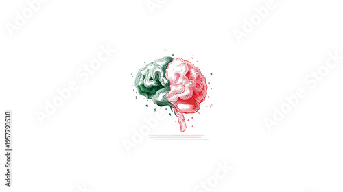 Watercolor illustration of a human brain split into two distinct colored halves, representing creativity, logic, and thought processes