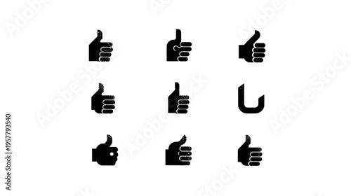 Set of black thumbs up icons for approval, like, success, and positive feedback on a white background