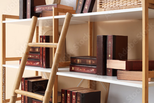 Bookshelves with ladder on ...