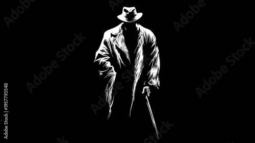 Dramatic black and white silhouette of a mysterious man in a trench coat and fedora hat, holding a walking cane.