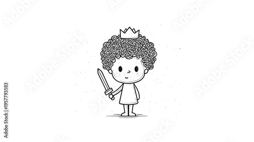 Cute cartoon character illustration with curly hair, wearing a crown and holding a sword. Hand-drawn, black and white fantasy vector.