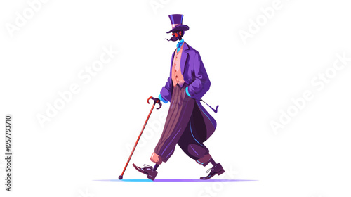 Elegant vintage man illustration with top hat and walking stick, dapper gentleman in purple coat walking with a pipe