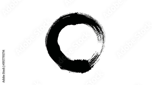 Enso circle hand-drawn with black ink brush, a minimalist Zen Buddhist symbol of enlightenment, strength, balance, and the universe