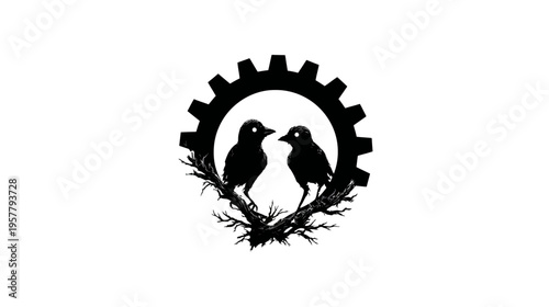 Graphic silhouette of two birds on a branch within a cog gear icon, representing nature, industry, harmony, and connection