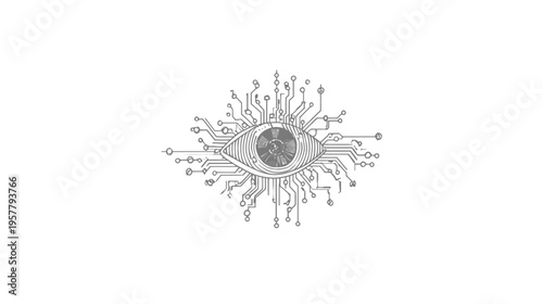 Technological eye with circuit board design. Digital vision, artificial intelligence, data security, and surveillance concept illustration.