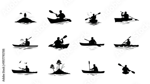 Dynamic black silhouettes of people kayaking and canoeing, depicting various water sports activities, outdoor recreation, and adventure.