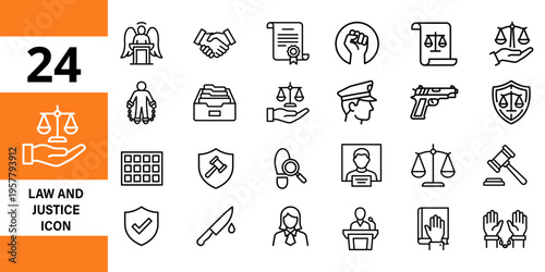 Law and justice icons: legal system, court, crime, and fairness symbols