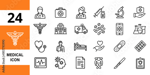 Medical icons: healthcare, doctor, hospital, and science symbols, test tube
