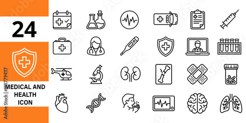 Medical and health icons collection: cross, stethoscope, DNA, heart, lungs, syringe, brain, kidney, medical icon