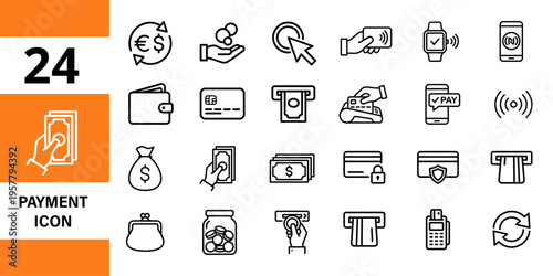 Payment icons: wallet, credit card, atm, cash, coins, bank, shopping cart, handshake, money bag, payment icon