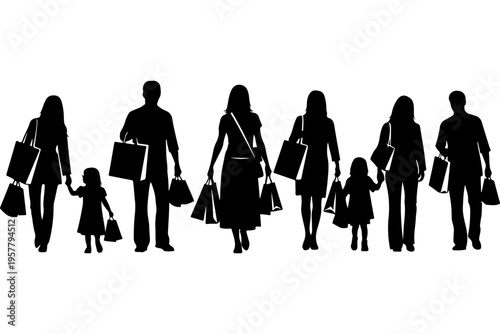 Set of 8 people shopping silhouettes vector