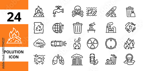 Pollution icons: fire, skull, trash can, recycle, oil barrel, factory, water pollution, air pollution, pollution icon