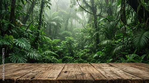 A rustic wooden table in a lush, misty jungle with dense green foliage and atmospheric fog, creating a mysterious and vibrant natural scene.