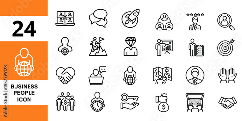 Business people icons: team, meeting, rocket, target, map, handshake, global, people, strategy, business icon