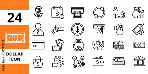Dollar icons: money, cash, credit card, atm, wallet, coins, bank, money bag, exchange, dollar icon