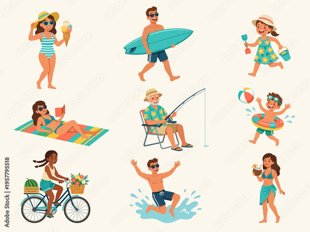 Fototapeta premium A collection of diverse people enjoying various summer and beach activities like surfing, sunbathing, fishing, cycling, and playing in the water.