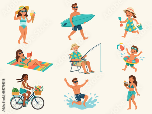A collection of diverse people enjoying various summer and beach activities like surfing, sunbathing, fishing, cycling, and playing in the water.