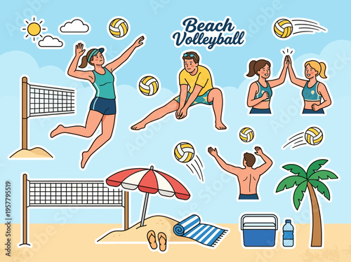 Flat vector beach volleyball scene, cartoon players jumping and spiking, sunny sky, sand, palm tree, umbrella, balls flying, pastel colors, white sticker outline, fun summer vibe, text Beach Volleybal