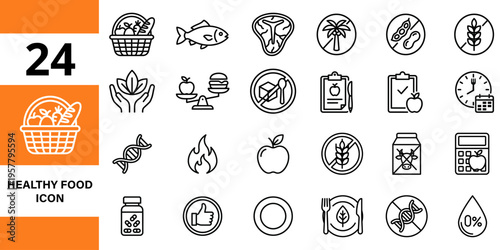 Healthy food icons set: fruits, vegetables, fish, meat, grains, DNA, organic, gluten-free, eco symbols, water drop