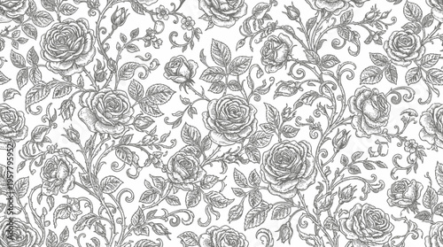 Intricate floral pattern featuring detailed roses and vines on a soft background, ideal for textiles
