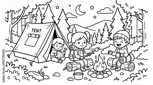 Children sitting around campfire outdoors.