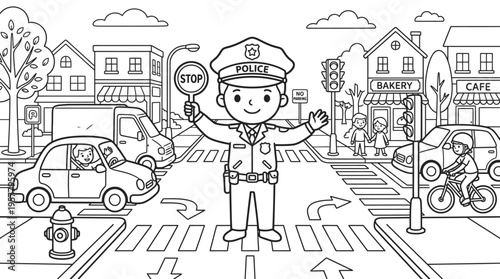 Little boy directing traffic with sign.