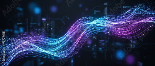 Abstract Futuristic Wave of Light Particles Flowing Through Digital Network