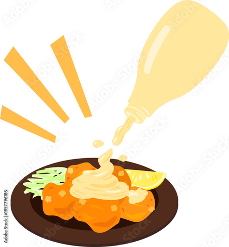 料理の上に絞り出される大量のマヨネーズ