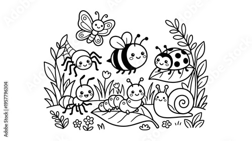 Smiling insect friends in garden scene.