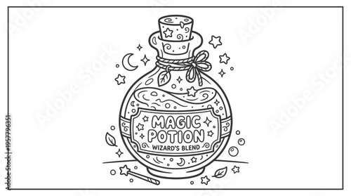 Magic potion bottle with label.