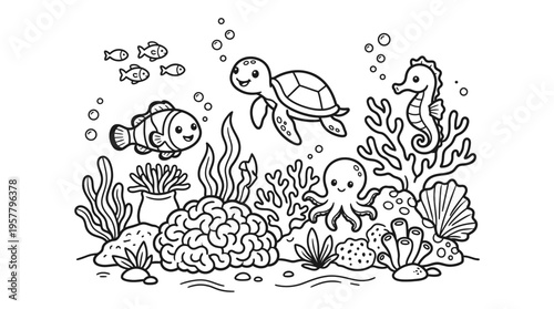 Colorful illustration of sea creatures swimming.