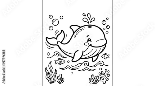Smiling cartoon dolphin in water.