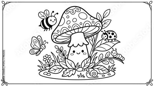 Smiling Mushroom with Insect Friends Nearby.