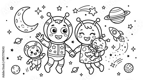 Children in astronaut costumes smiling.