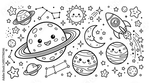 Smiling cartoon planet with rings orbiting.