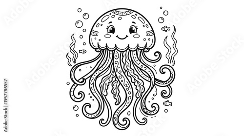 Smiling Cartoon Jellyfish Face Closeup.