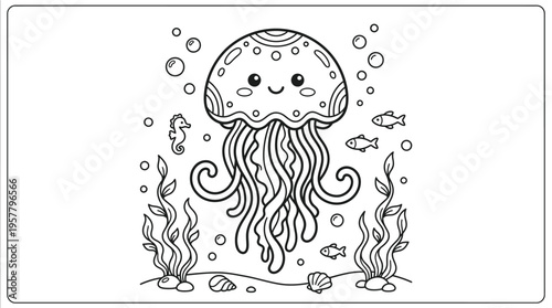 Smiling Cartoon Jellyfish Underwater Scene.