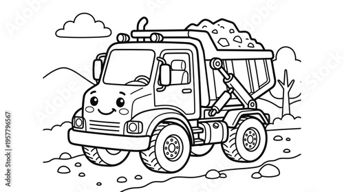 Smiling cartoon dump truck vehicle.