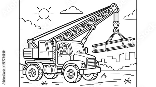 Large Truck with Crane Attachment Lifting.