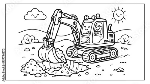 Excavator digging earth with bucket.