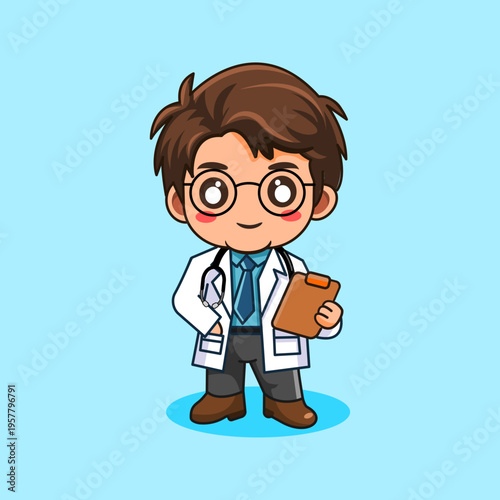 Smiling Male Doctor Character with Clipboard Vector Illustration Kawaii Design