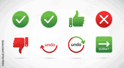 Set of colorful icons depicting acceptance rejection and actions for various purposes