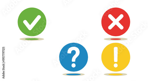 Set of colorful icons representing correct incorrect question and alert symbols