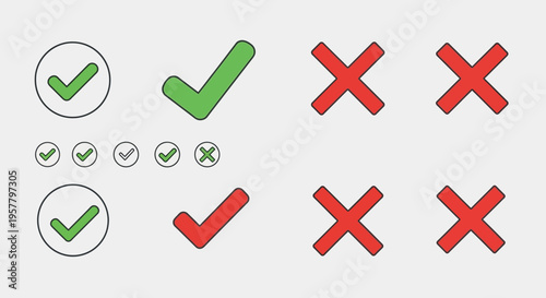 Set of green check marks and red cross marks on a white background