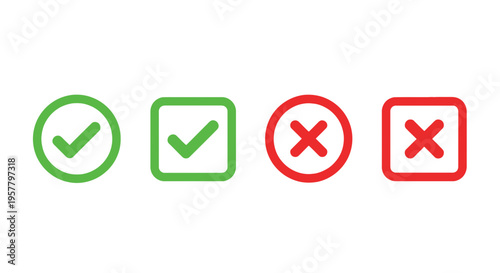 Set of green check marks and red cross marks icons and symbols