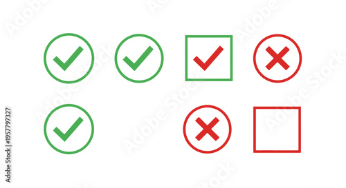 Set of green check marks and red cross marks on white background