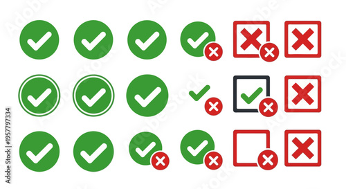 Set of green check marks and red crosses on white background graphic design